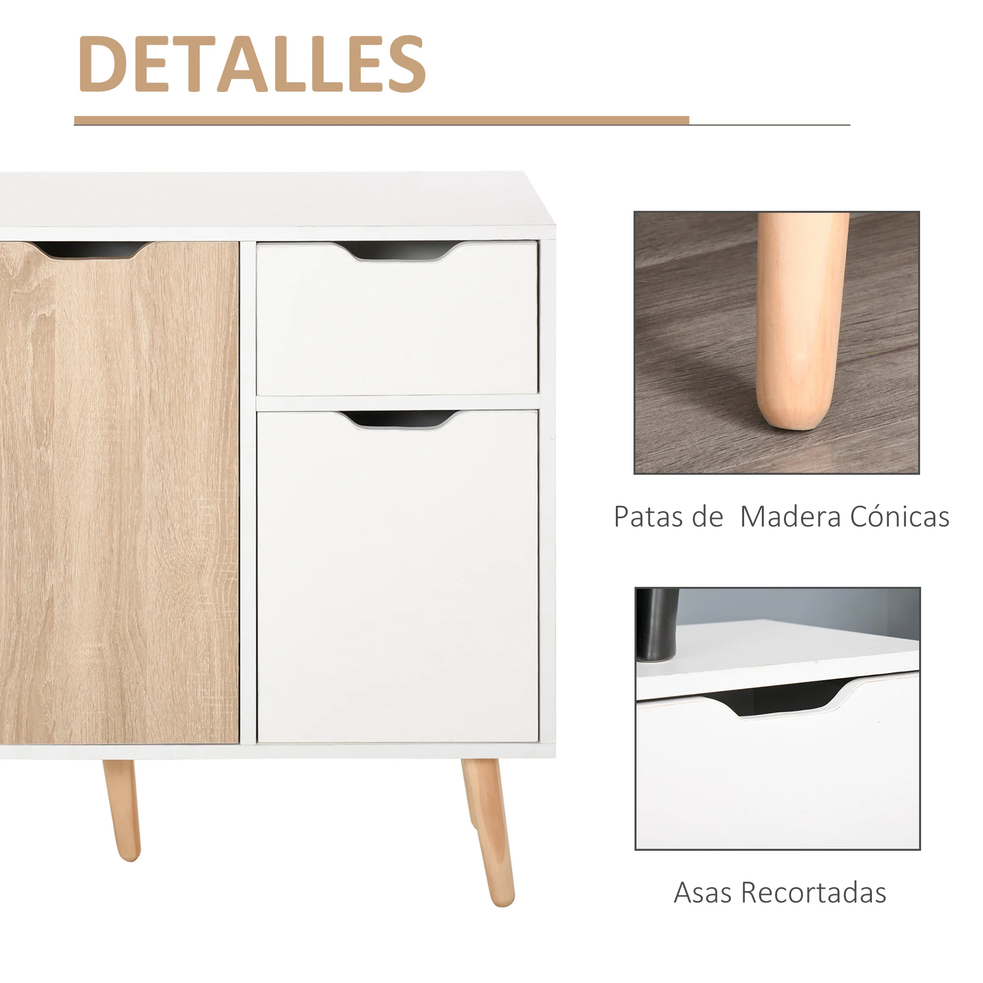 HOMCOM Aparador Auxiliar Mueble de Almacenaje con 2 Armarios Puerta y Cajón de Madera para Cocina Dormitorio 90x30x72cm Blanco - imagen 5