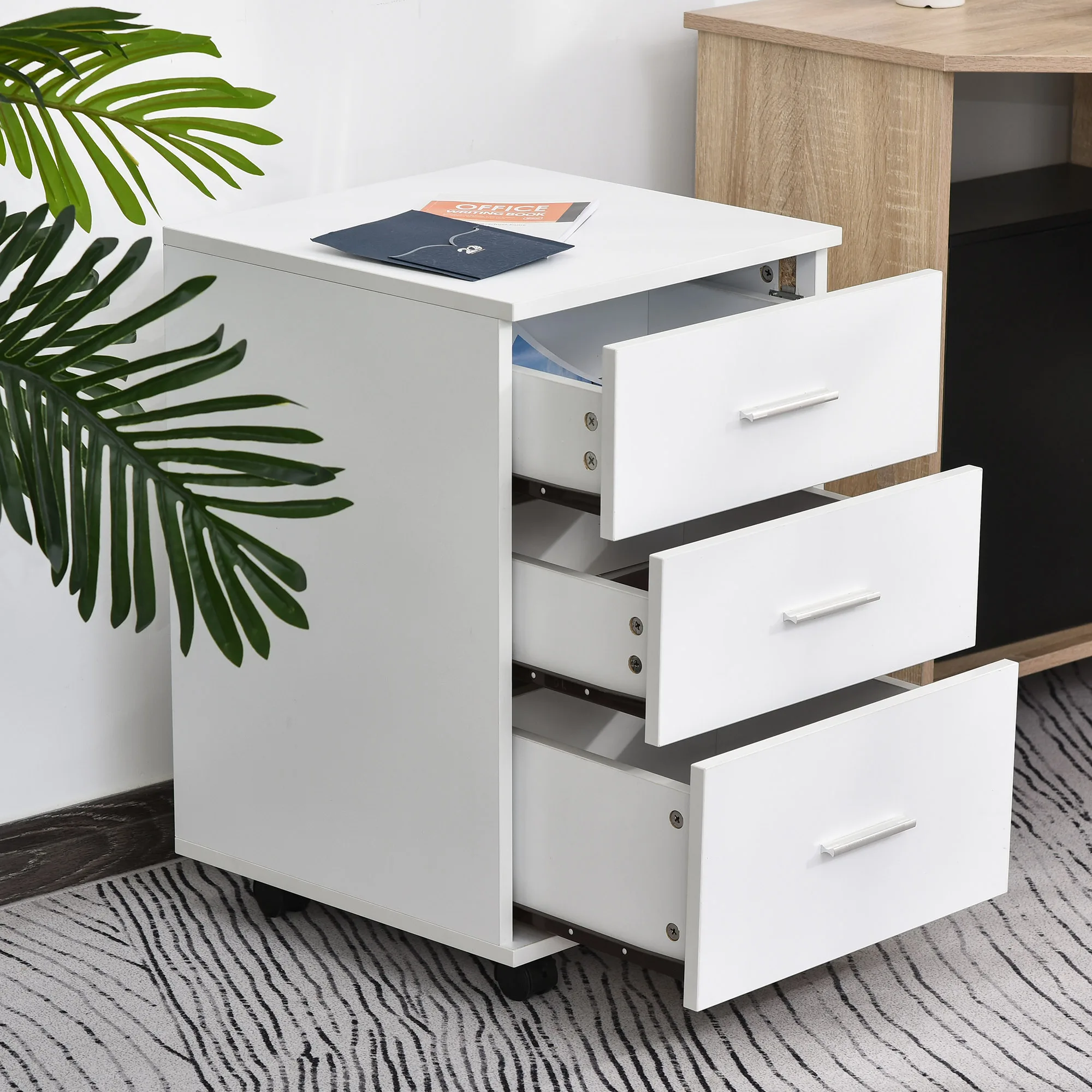 Vinsetto Cajonera Oficina con Llave y Ruedas con Freno 3 Cajones para Despacho y Hogar Cerradura 40x40x61,5 cm Blanco - imagen 2