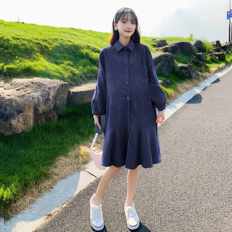 Ropa de maternidad para mujer, vestido camisero de manga larga hasta la rodilla con botones de pana, ropa femenina embarazada para primavera y otoño 2022 - imagen 4