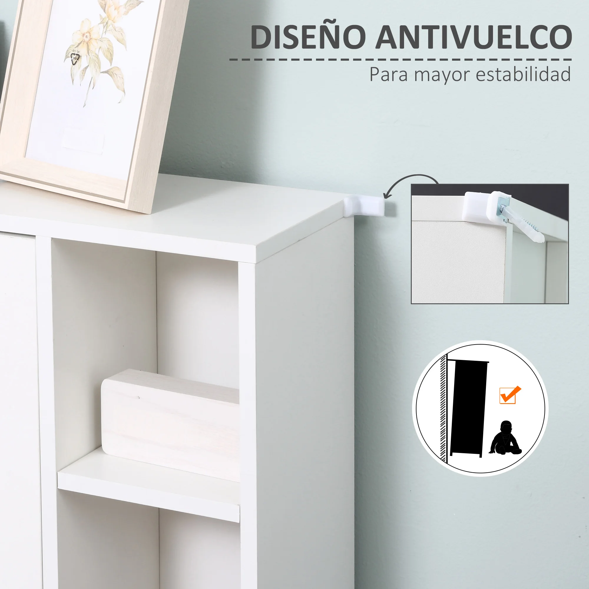 kleankin Armario de Suelo para Baño de Madera con 8 Compartimentos Abiertos y 1 Puerta con Estantes Ajustables Mueble Auxiliar Multiusos para Cocina Salón 71x22x100 cm Blanco - imagen 5