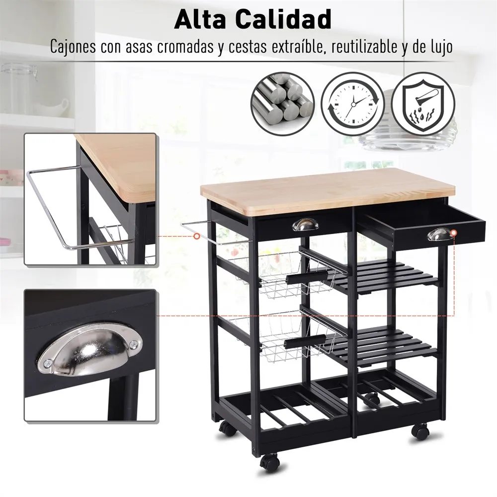 HOMCOM Carro de Cocina Carrito de Servir Multiusos Estanteria Carrito Auxiliar con Ruedas Estante Cajon Armario 74x37x76cm - imagen 4