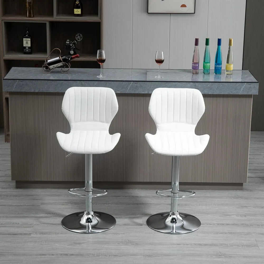 HOMCOM Juego de 2 Taburetes Altos de Cocina y Giratorio Taburetes Altos de Cuero Sintético con Respaldo y Estructura de Metal 47x51,5x92-114 cm Blanco - imagen 3