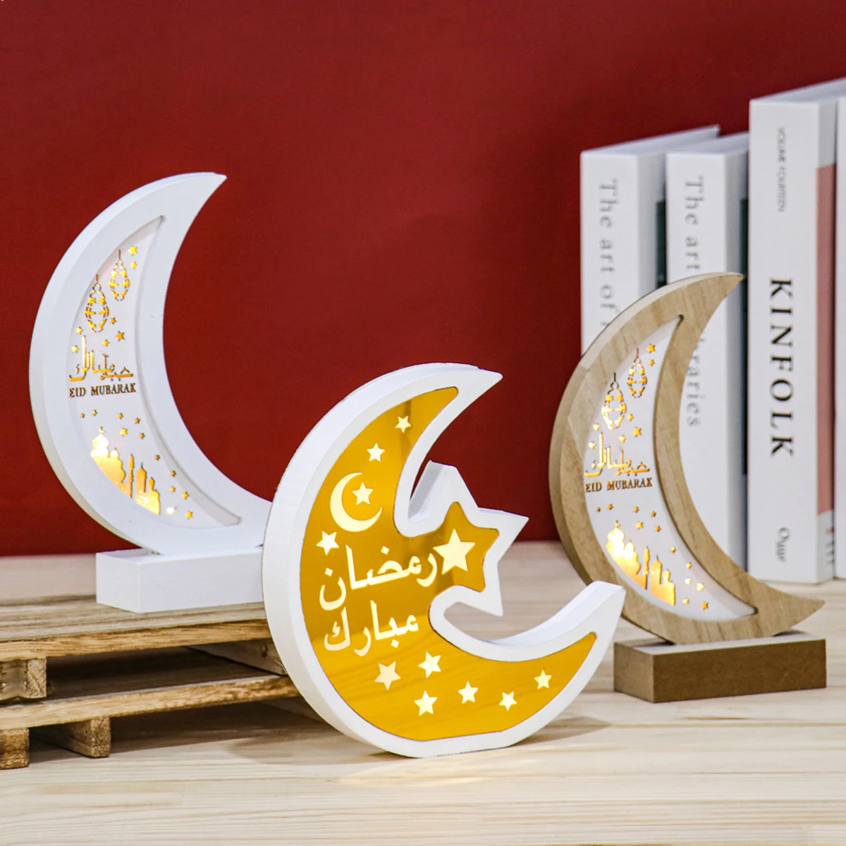 Luz colgante de madera para decoración del hogar, Luna, estrella, EID Mubarak, Ramadán, fiesta musulmana islámica, suministros Eid Al Adha Ramadán Kareem - imagen 2