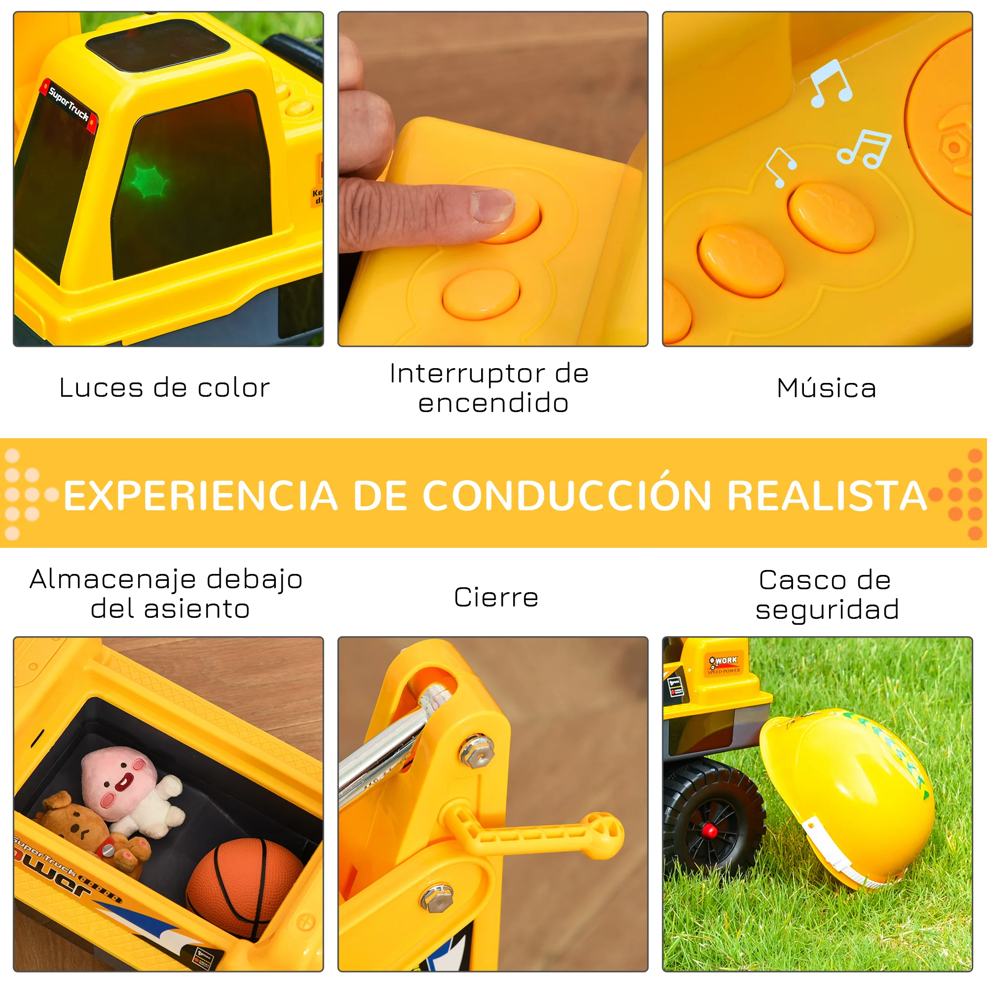 HOMCOM Tractor sin Pedales para Niños de 2-3 Años Excavadora Correpasillos con Pala Luces Música Espacio de Alamcenaje Amarillo - imagen 5