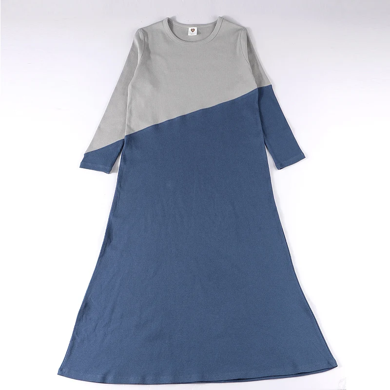 Camisón de manga larga para niña y mujer, ropa acanalada en contraste, vestido maxi informal de algodón, 2x2, verano y primavera - imagen 3