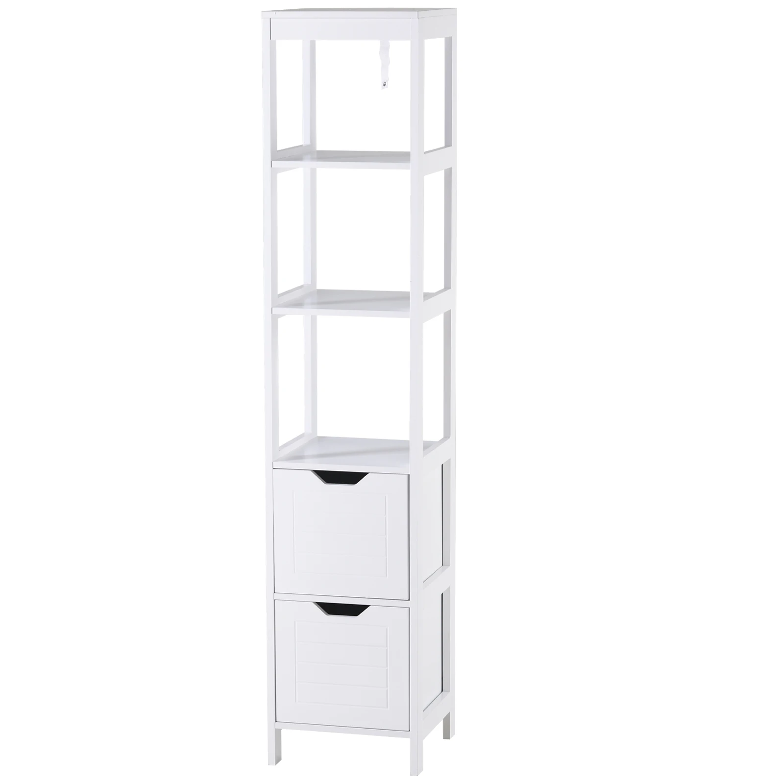 kleankin Armario Alto de Baño Multiusos Mueble Columna 3 Estantes Abiertos y 2 Cajones de Almacenaje Diseño Antivuelco Blanco
