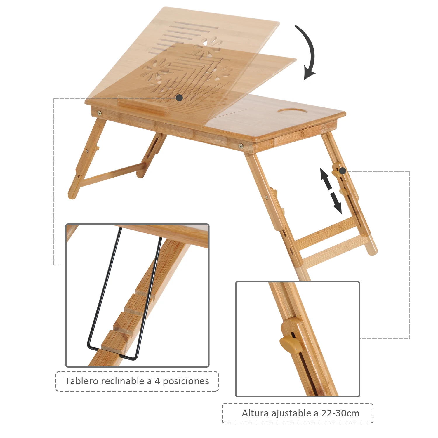 HOMCOM Mesa de Ordenador Portatil Bambu Bandeja de Cama Desayuno Plegable Reclinable Altura Ajustable Soporte Escritorio - imagen 5