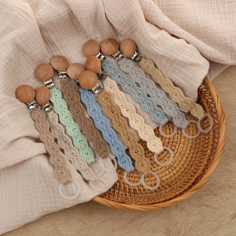 Clip de ganchillo hecho a mano para chupete de bebé, Clips de cadena de algodón de madera para recién nacido, soporte para pezón, chupete de dentición, pinzas para masticar - imagen 2