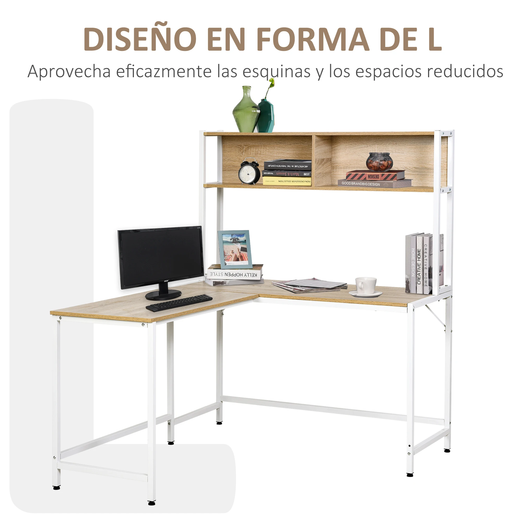 HOMCOM Escritorio en Forma de L Multifuncional con Estantes Altos Espacio Amplio 140x125x149 cm Color Madera - imagen 3