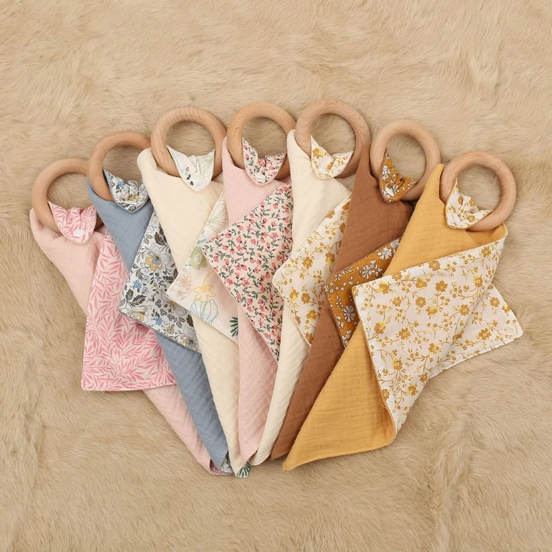 Baberos de algodón con estampado para bebé, paño para calmar el eructo, mordedor de madera, chupete - imagen 4
