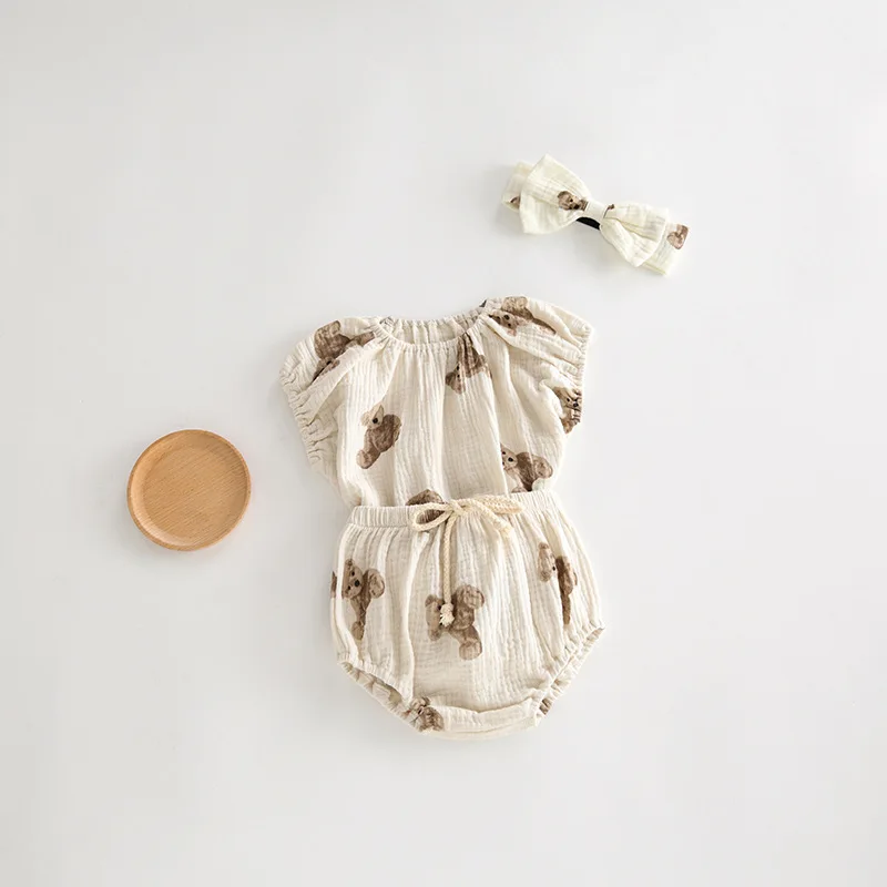 MILANCE-Conjunto de ropa con estampado de oso para bebé, camiseta sin mangas con diadema y bombachos, trajes de 3 piezas, Verano - imagen 3