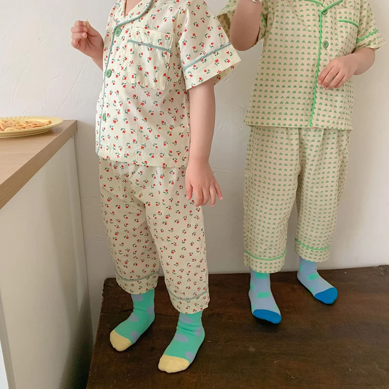 Pijamas de verano para niños y niñas, traje con estampado coreano, ropa de dormir informal de algodón - imagen 3