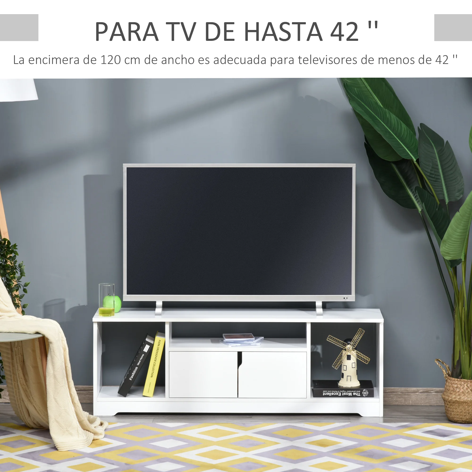 HOMCOM Mueble de TV hasta 42" Mesa de Salón Moderna con Armario de Doble Puerta 3 Compartimentos Abiertos 120x30x41cm Blanco - imagen 2