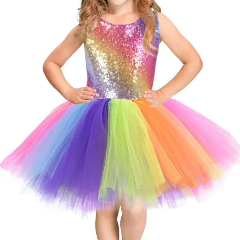 Disfraz de baile para niños, traje de princesa con lentejuelas de arcoíris, malla colorida, tutú, fiesta de máscaras, juego de rol, ropa para niños