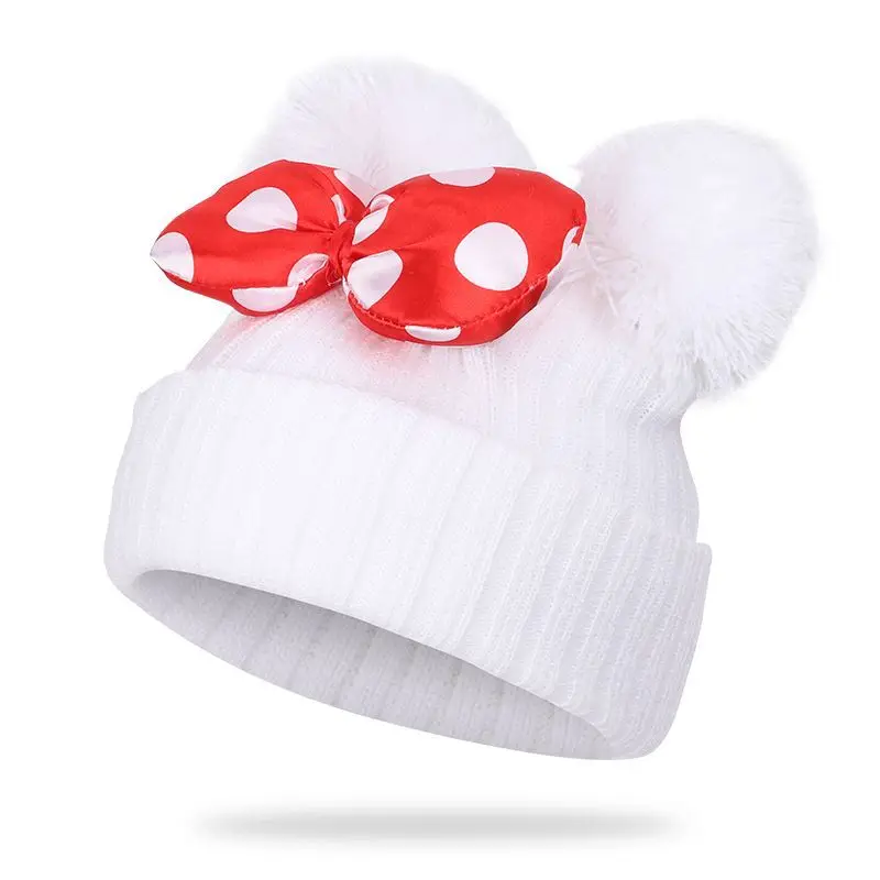 Gorro de algodón con lazo para niños y niñas, gorra de algodón con doble Bola de pelo, cálido y sólido, para Otoño e Invierno - imagen 3