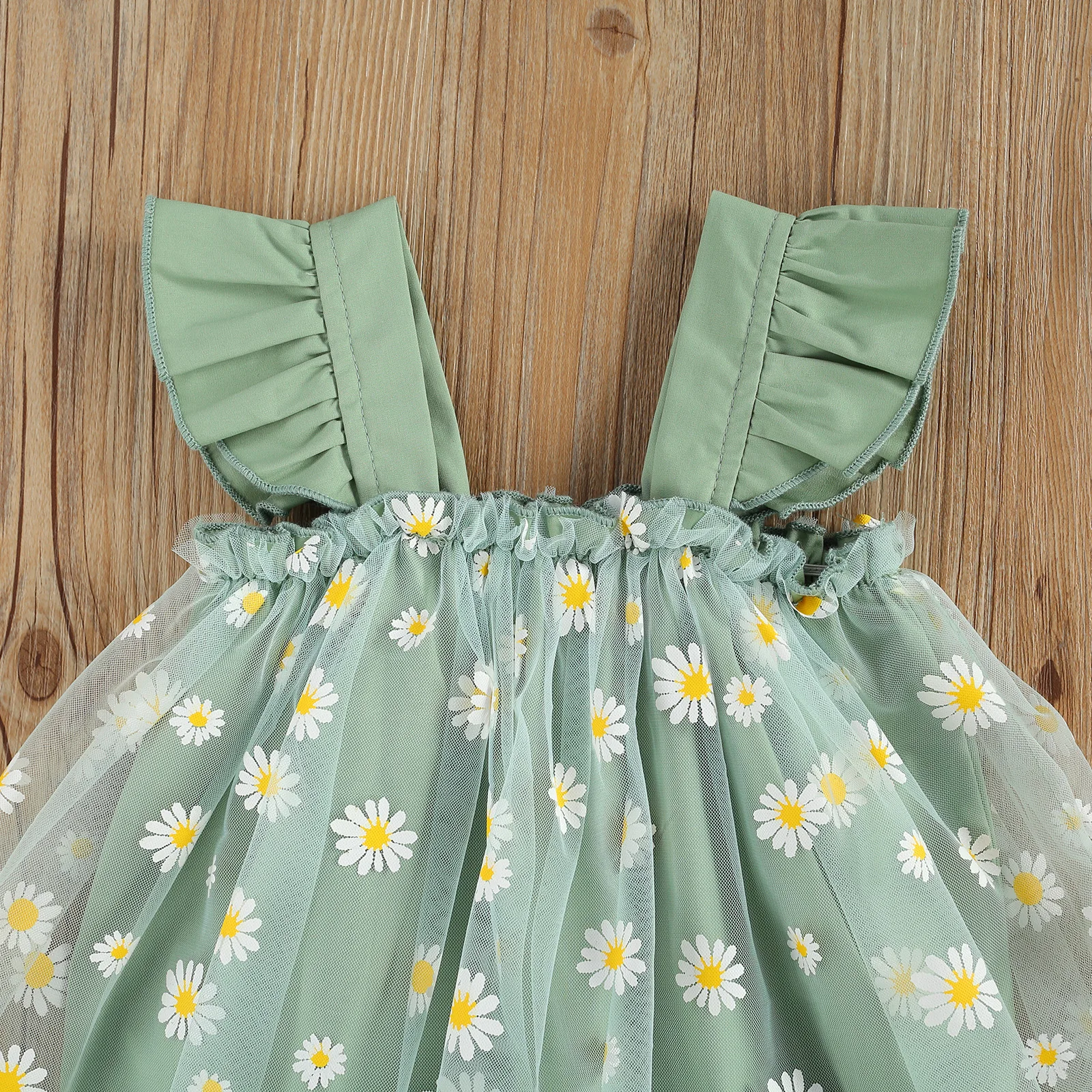 VISgogo-Pelele con estampado de margaritas para niñas pequeñas, traje de malla con manga de mosca, conjunto de diadema con lazo, ropa de verano - imagen 3