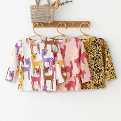 Camisetas de algodón de manga larga para bebé, niños y niñas, estampado de leopardo, gato, Sika, ciervo, ropa de otoño, navidad