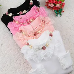 Camisetas básicas de algodón para niños, ropa para niñas pequeñas, camisetas informales florales de manga larga, camisetas de encaje para niños