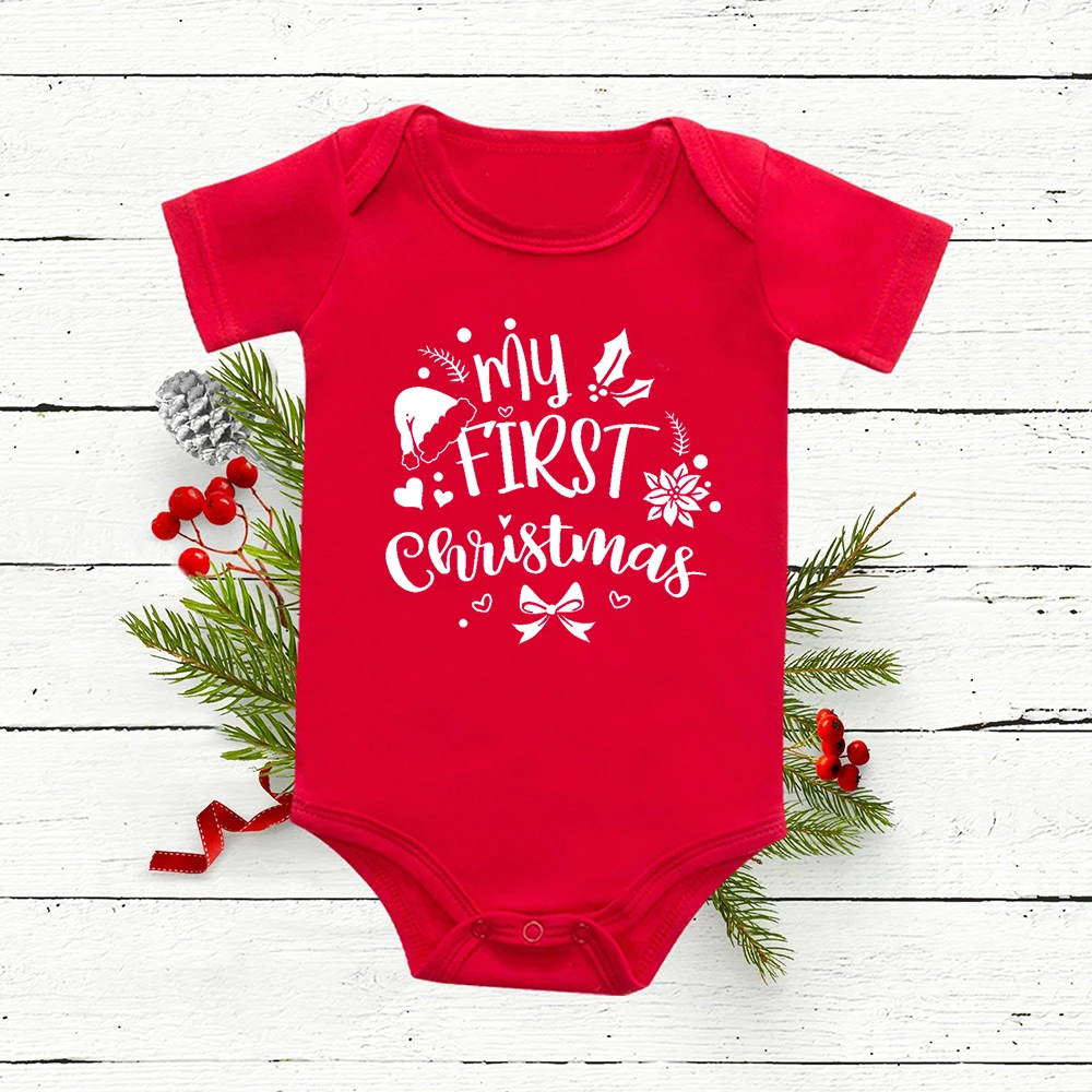 Mi primera Navidad ciervo árbol estampado bebé pelele rojo algodón manga corta recién nacido niños niñas monos infantiles ropa de Navidad regalo de fiesta - imagen 2