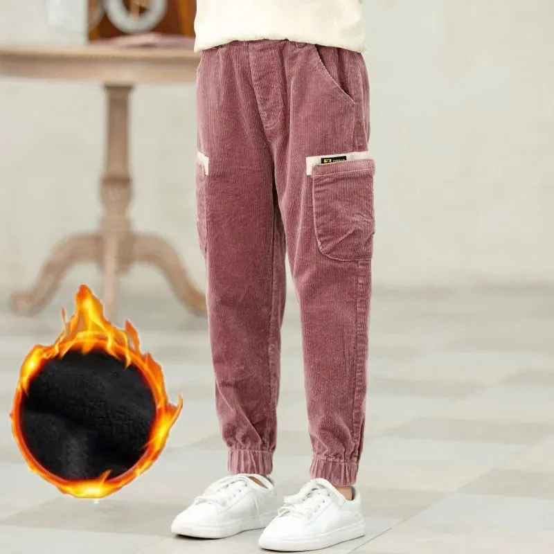 Moda para chicas pantalones de pana invierno Casual más pantalones de terciopelo pantalones Cargo suaves cálidos ropa para niños pantalones con bolsillo - imagen 4