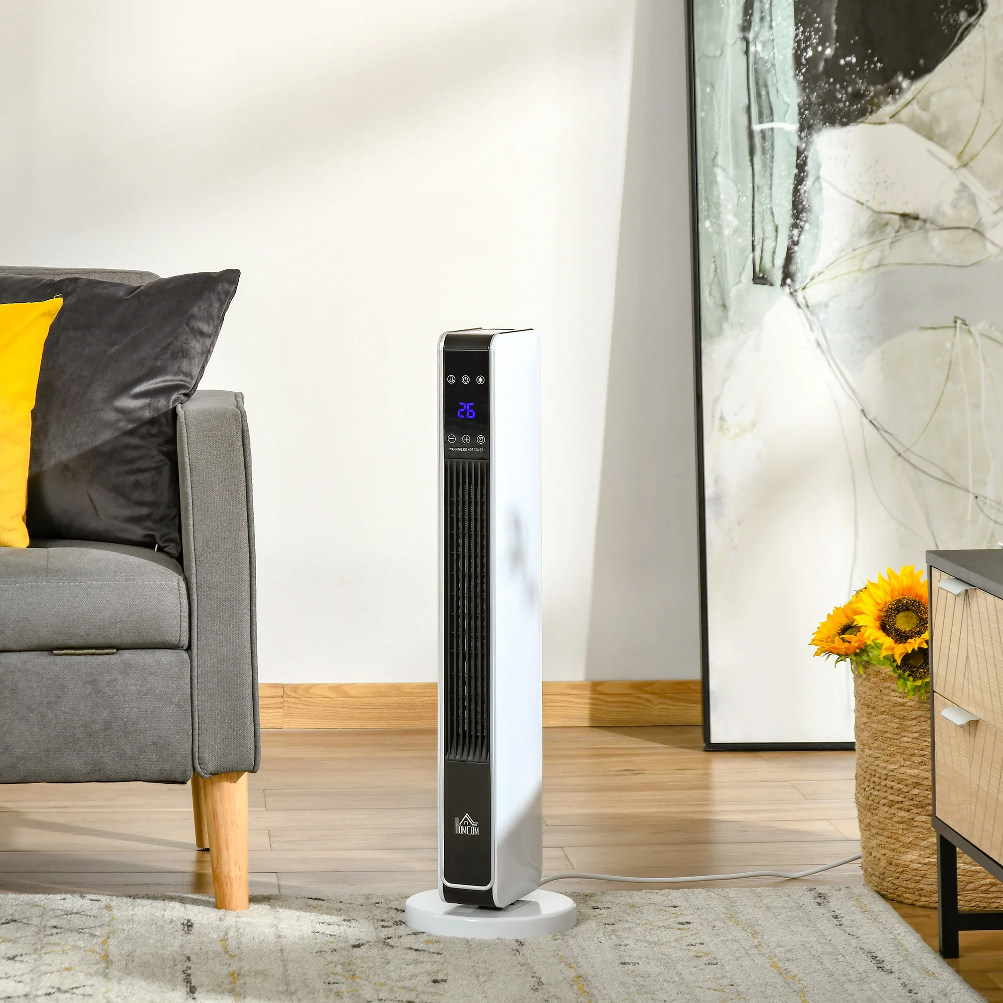 HOMCOM Calefactor Cerámico de Torre 1000/2000W con Mando a Distancia Pantalla LED 3 Modos de Viento Termostato Temporizador y 65° Oscilación para 25 m² 21x21x73 cm Blanco - imagen 2