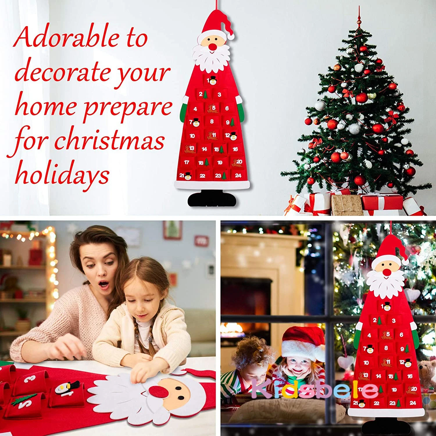 Calendario de Adviento de fieltro de Navidad para niños, colgante de pared, Papá Noel, calendario de adviento con bolsillos, juguetes para niños, regalo de Navidad, 24 días - imagen 4