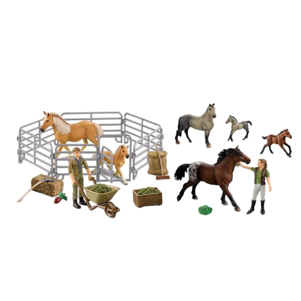 Early Kids Toy Realistic Animal Figure Set Happy Farm Horse W/ Fence Playset