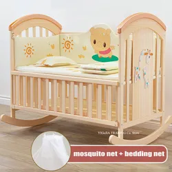 Cuna mecedora de madera de pino natural con mosquitera multifuncional