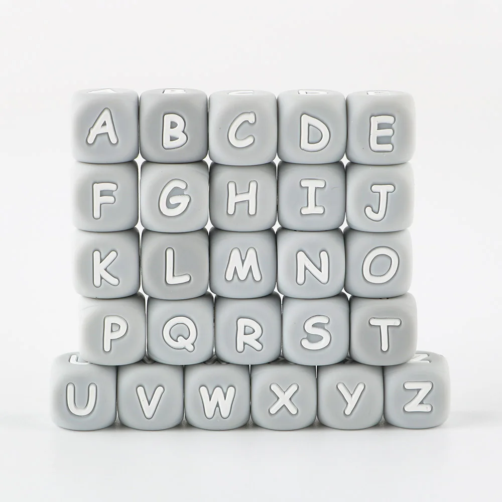 Cuentas de letras de silicona para bebé del alfabeto inglés y gris, 12MM, 10 Uds., letras de cuentas para fabricación de joyería, accesorios de cadena de chupete DIY - imagen 2