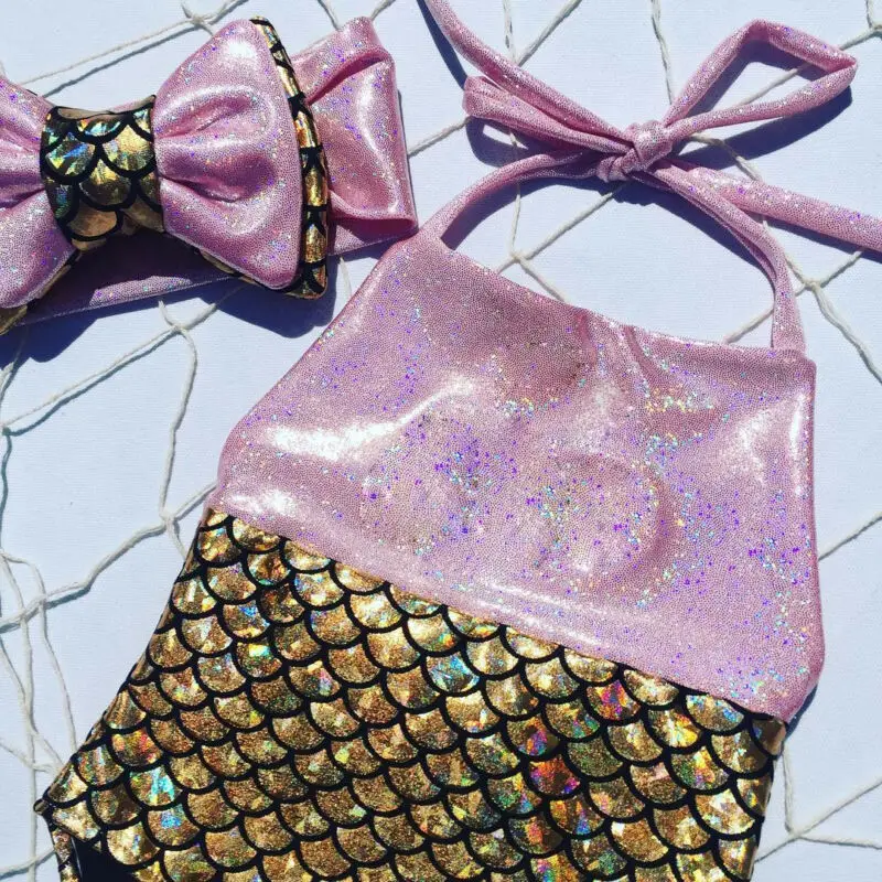 Traje de baño de sirena para niños y niñas, bañador de una pieza con lazo, Bikini con diadema, ropa de playa - imagen 4