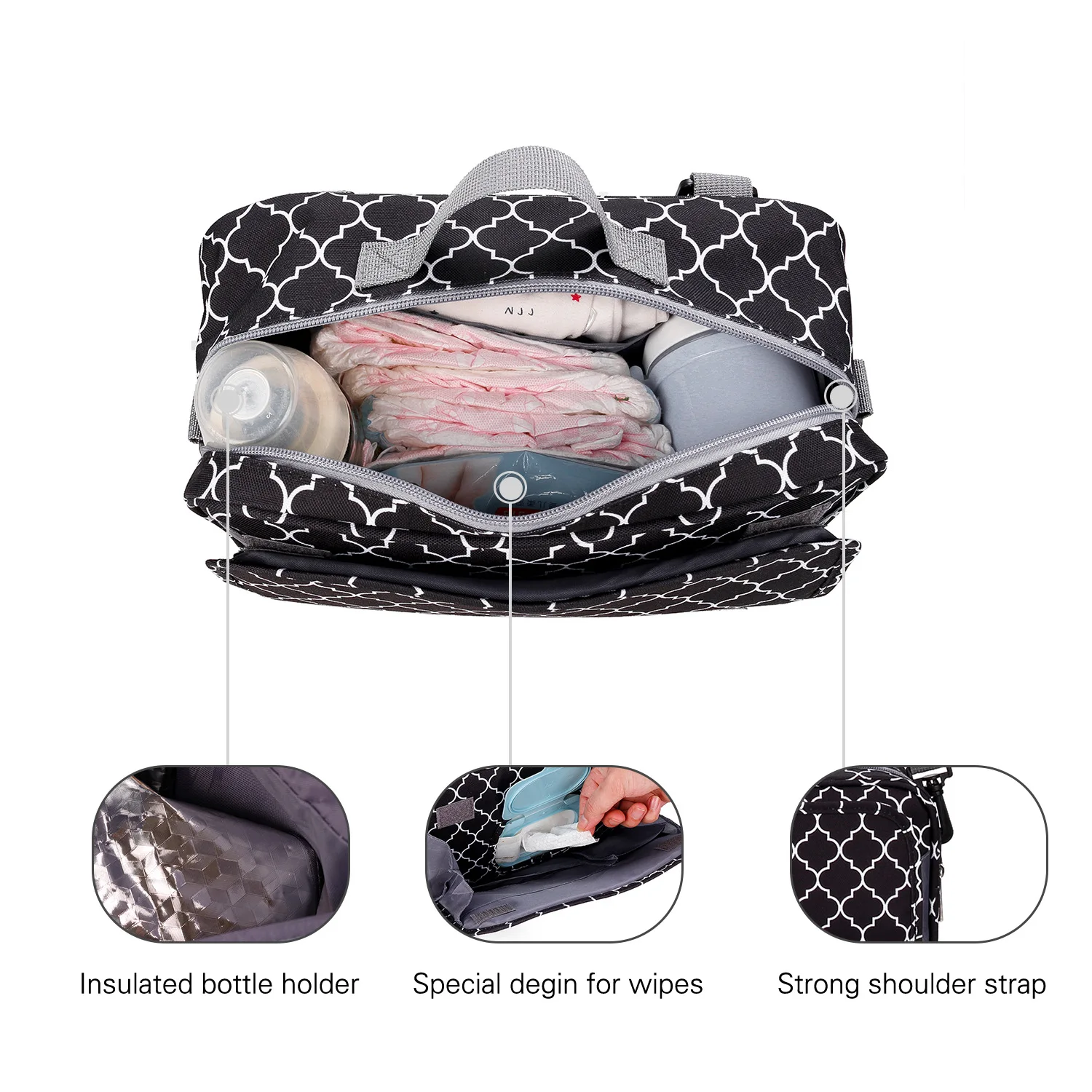 Una bolsa de pañales con su compartimento principal abierto, dejando al descubierto varios artículos que normalmente se utilizan para el cuidado del bebé. Se ven pañales, un biberón y un chupete. El bolso tiene un exterior estampado en blanco y negro y parece tener varios compartimentos y bolsillos diseñados para organizar y guardar los elementos esenciales del bebé.