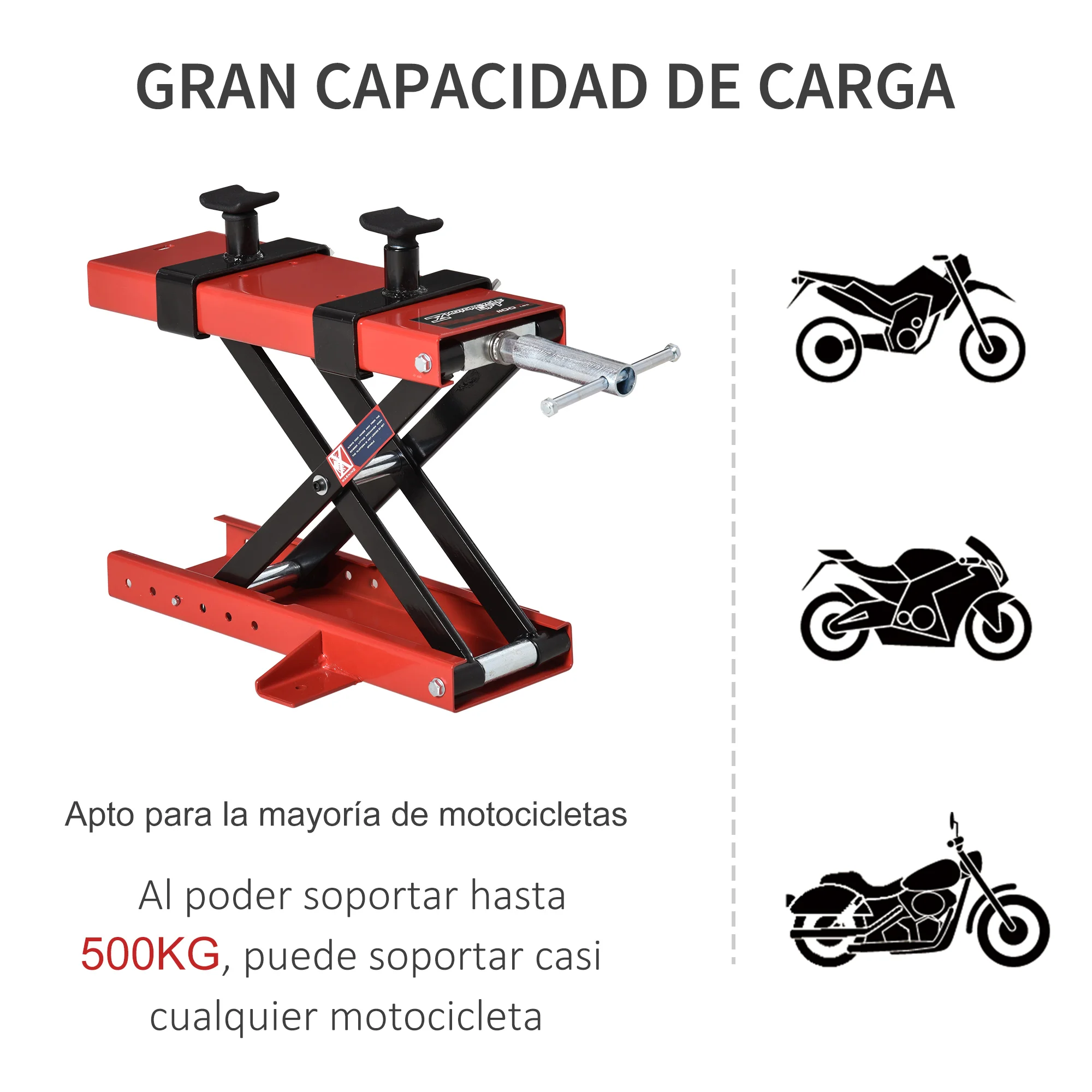 DURHAND Plataforma Elevadora para Motocicletas Carga Máxima 500kg con Altura Ajustable de 19-53cm Aparcar o Reparar Negro y Rojo - imagen 3