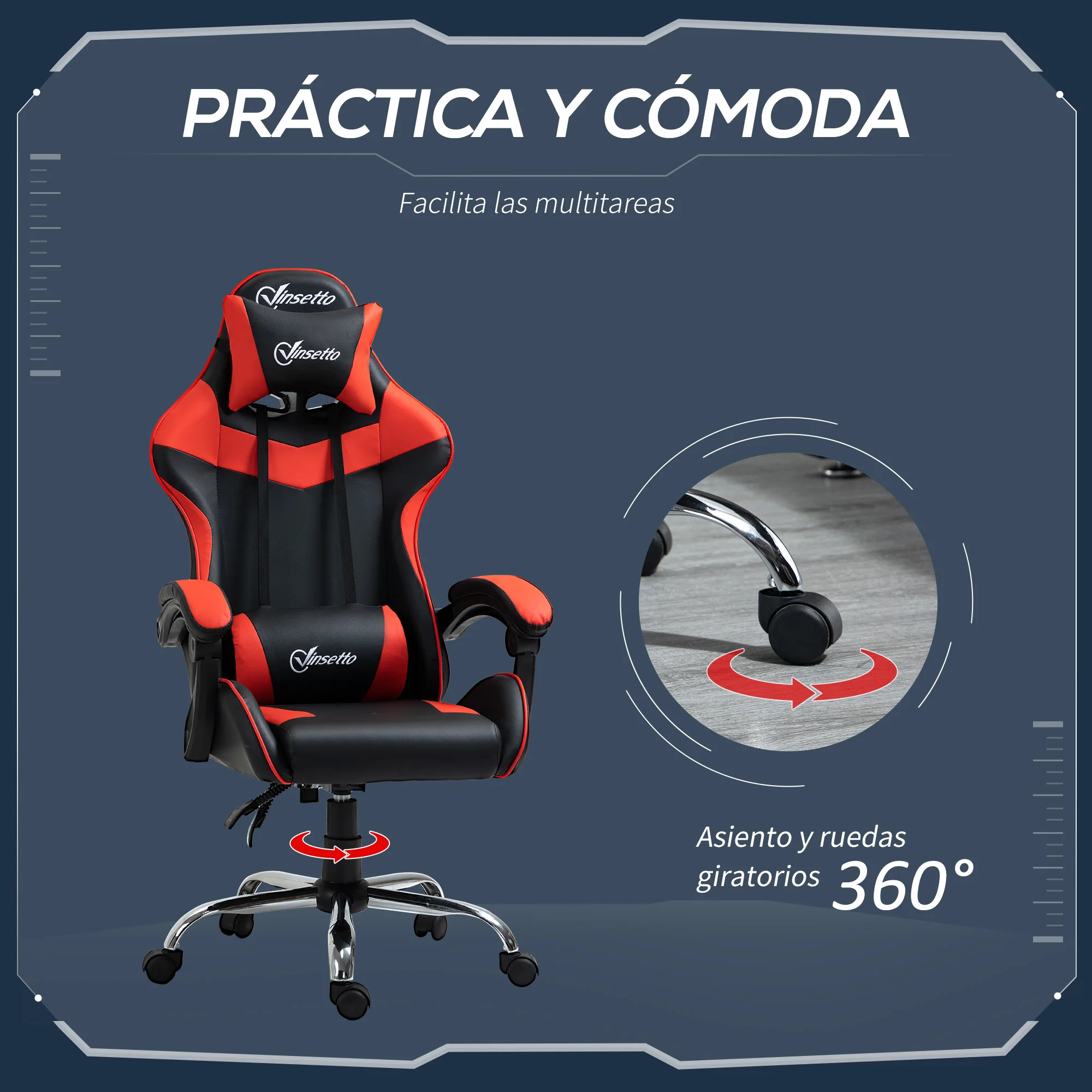 Vinsetto Silla Gaming Ergonómica para Videojuegos Reclinable y Giratoria con Altura Ajustable Reposacabezas y Cojín Lumbar Rojo - imagen 5