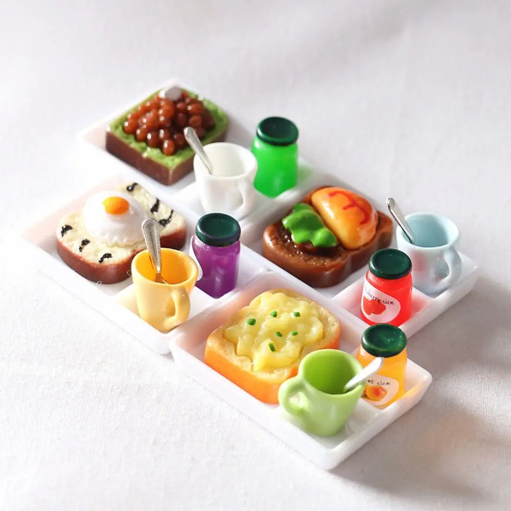 Juego de accesorios de cocina en miniatura para casa de muñecas, plato de cena, taza, cuchara, tostada, pan, mermelada, 5 unidades por juego - imagen 2