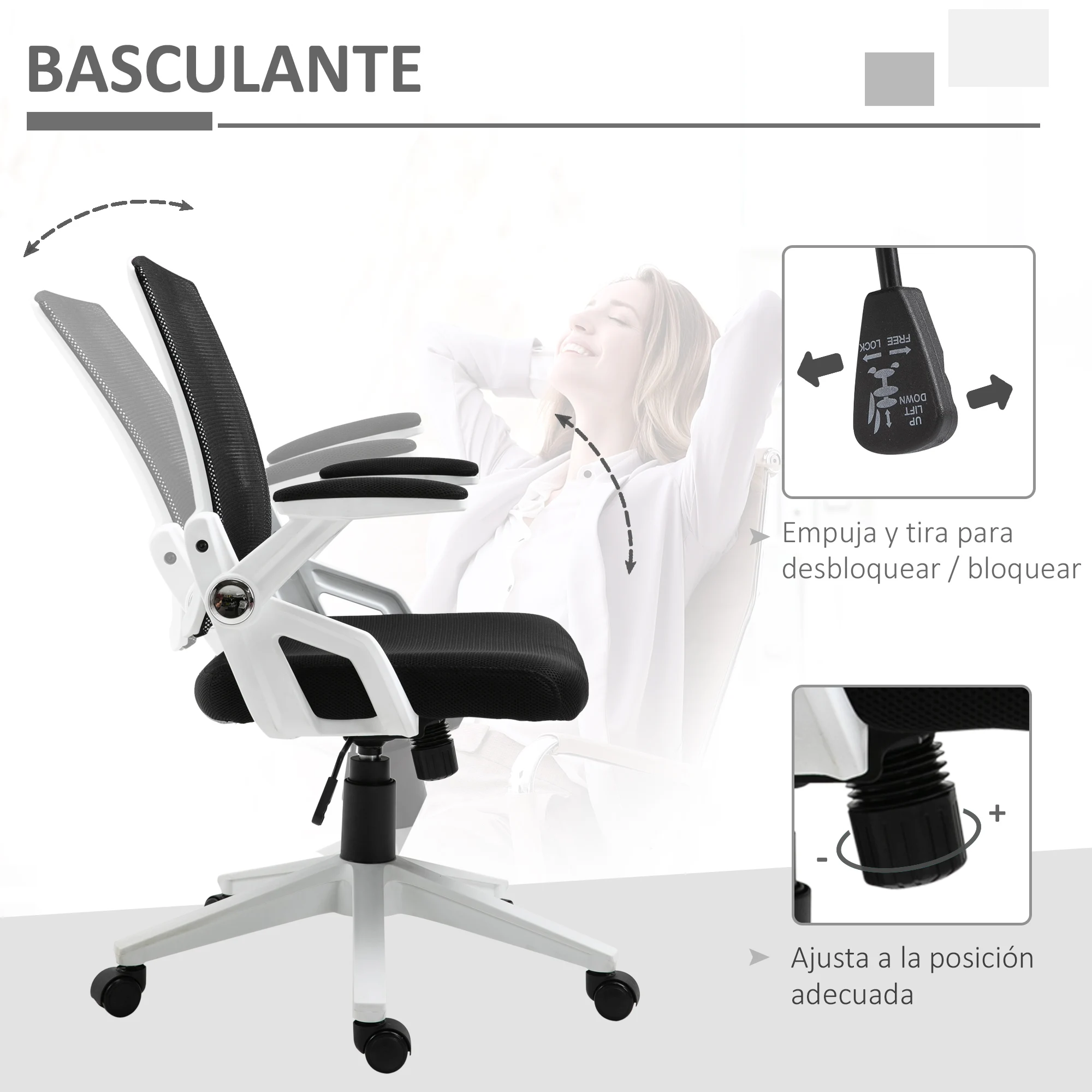 Vinsetto Silla de Oficina Ergonómica Silla con Altura Ajustable Reposabrazos Abatibles 61x61x94-104 cm Negro - imagen 2