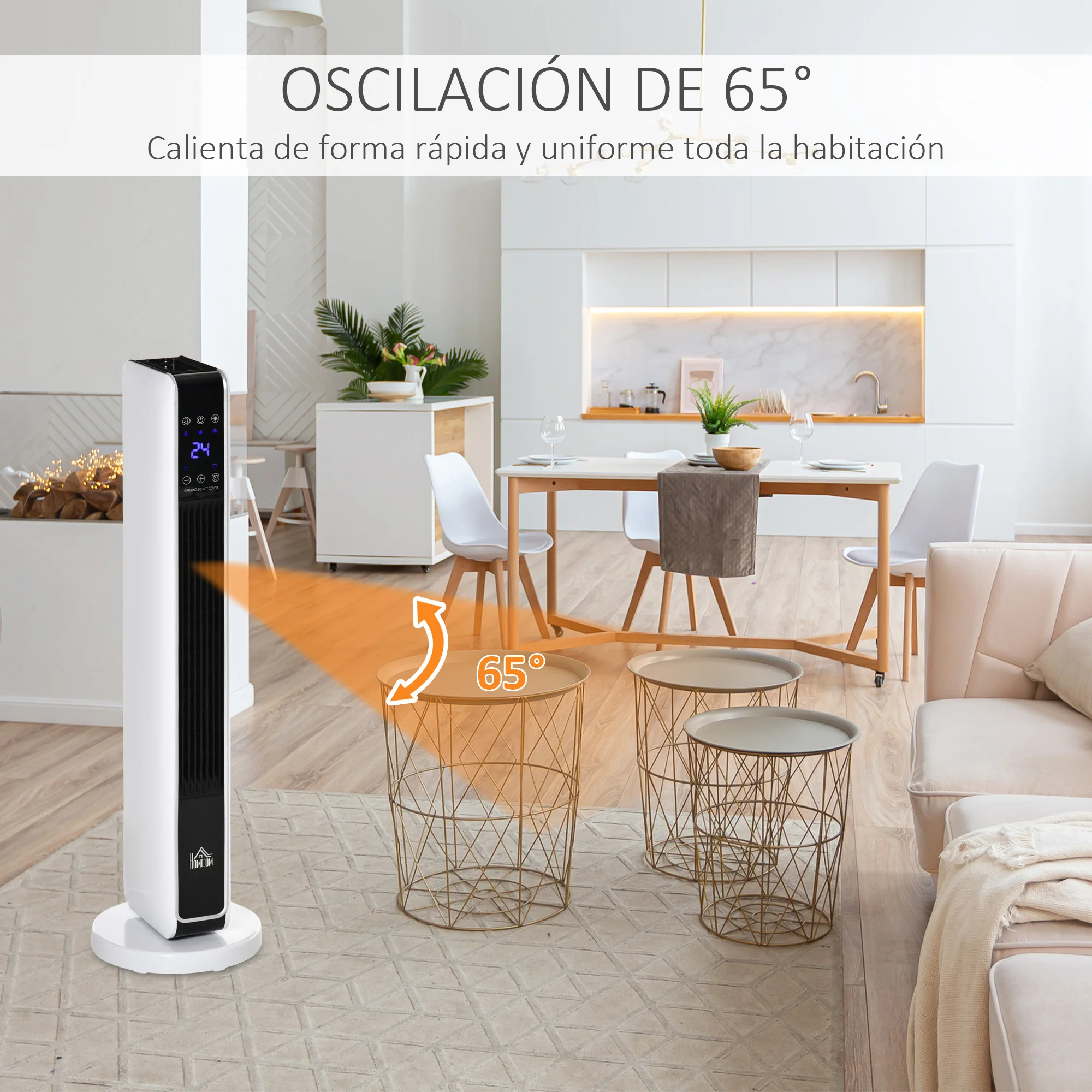 HOMCOM Calefactor Cerámico de Torre 1000/2000W con Mando a Distancia Pantalla LED 3 Modos de Viento Termostato Temporizador y 65° Oscilación para 25 m² 21x21x73 cm Blanco - imagen 4