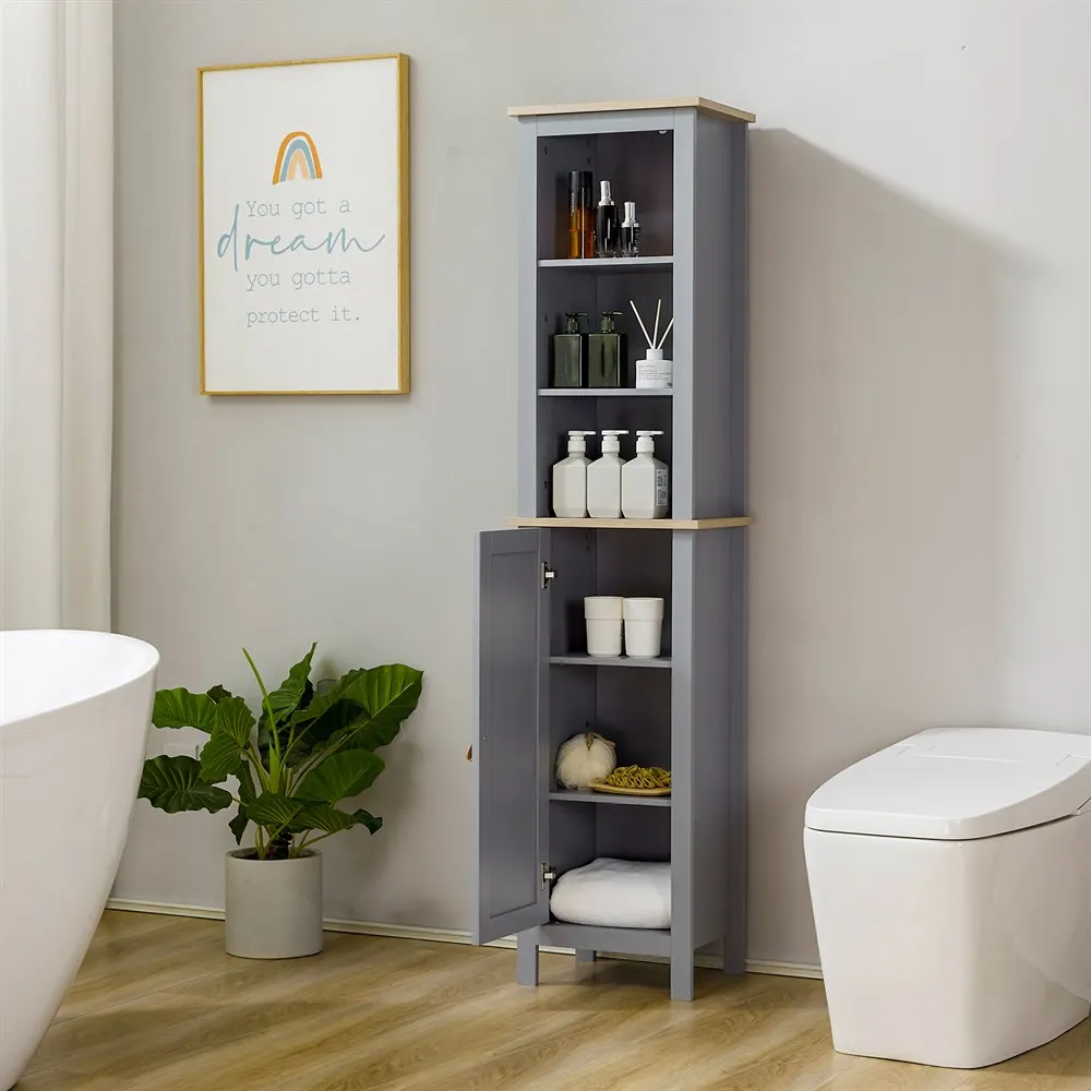 kleankin Armario Alto de Baño Mueble Columna Estrecho Moderno con 1 Puerta Estante Ajustable y 3 Compartimentos 39x30x168cm Gris - imagen 3
