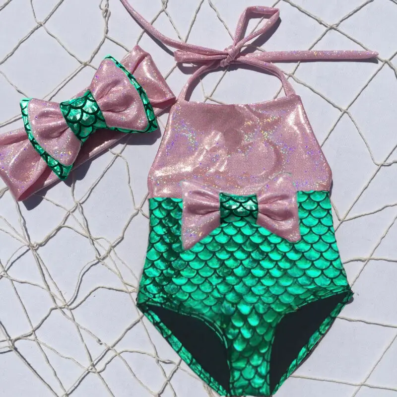Traje de baño de sirena para niños y niñas, bañador de una pieza con lazo, Bikini con diadema, ropa de playa