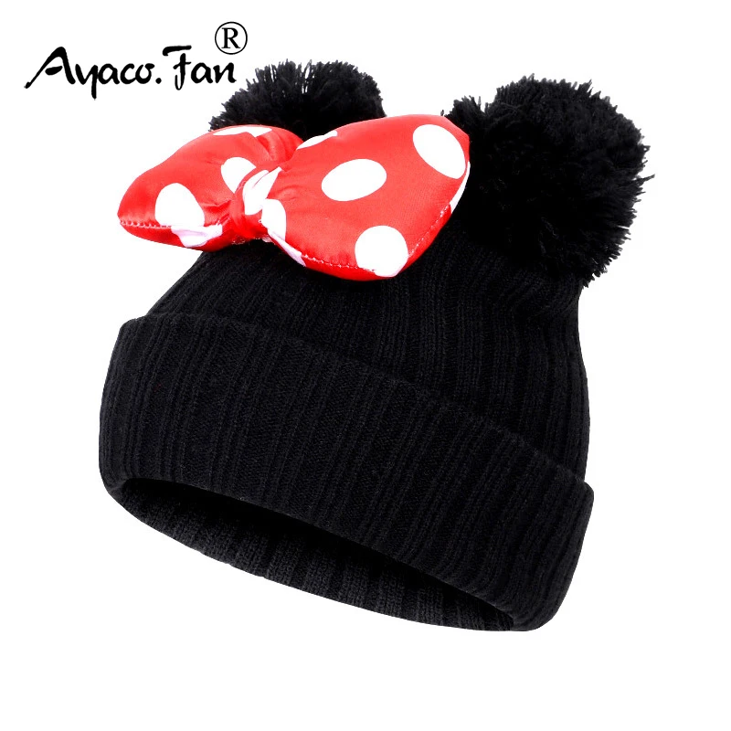 Gorro de algodón con lazo para niños y niñas, gorra de algodón con doble Bola de pelo, cálido y sólido, para Otoño e Invierno