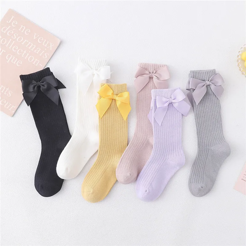 Calcetines para niñas con lazos, calcetines de algodón para niñas pequeñas, calcetines largos suaves para niños pequeños, calcetines hasta la rodilla de princesa para niñas de 0 a 8 años - imagen 2