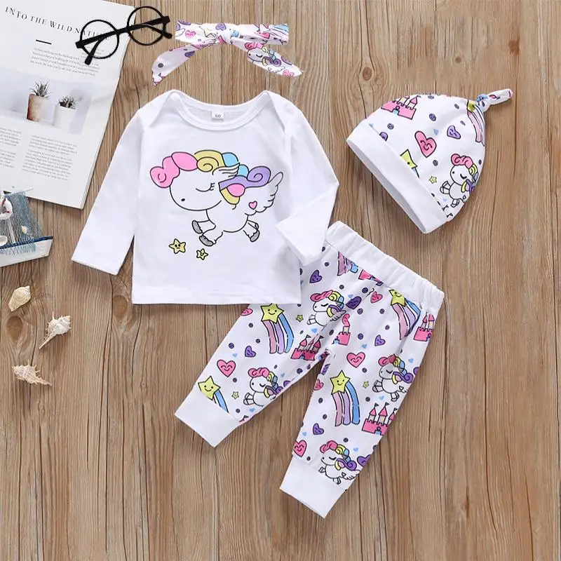 Conjunto de ropa para niña recién nacida, camiseta de unicornio a la moda de primavera 2025, pantalones de Castillo de estrellas y sombrero turbante, conjunto de ropa de algodón para niña