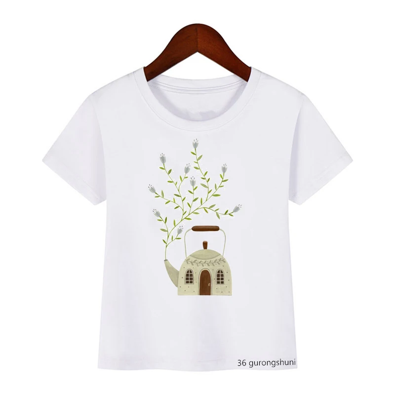 Camiseta con estampado de Casa de tetera para niño y niña, ropa bonita para niño, Tops de manga corta de verano de dibujos animados, venta al por mayor