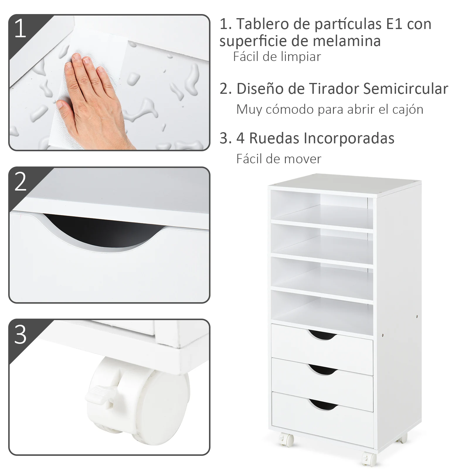 Vinsetto Mueble Auxiliar para Oficina Estudio Gran Espacio de Almacenaje con 3 Cajones 4 Estantes Abiertos 4 Ruedas Blanco - imagen 5