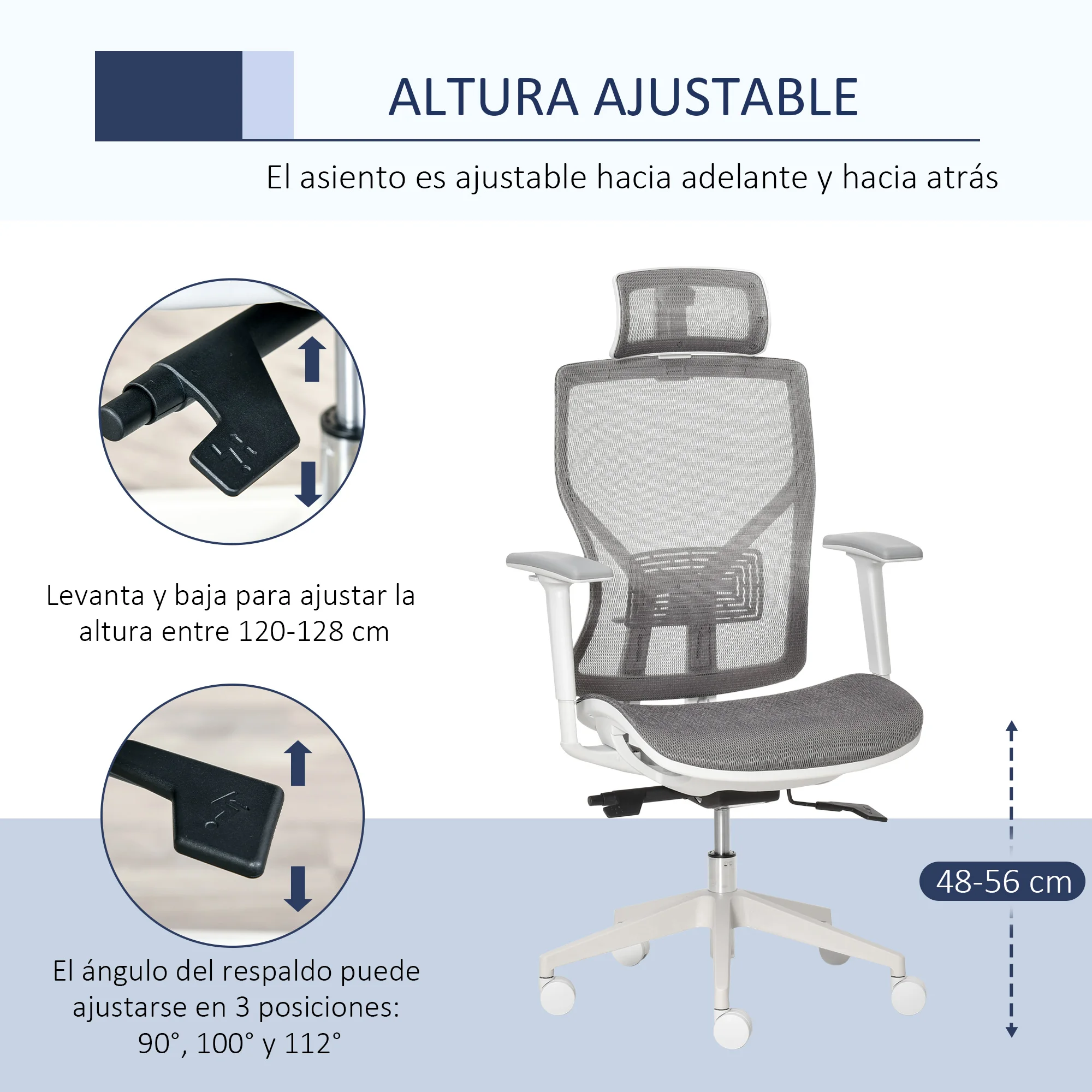 Vinsetto Silla de Oficina Giratoria Silla de Escritorio Ajustable en Altura con Reposabrazos Reposacabezas y Soporte Lumbar Gris - imagen 3