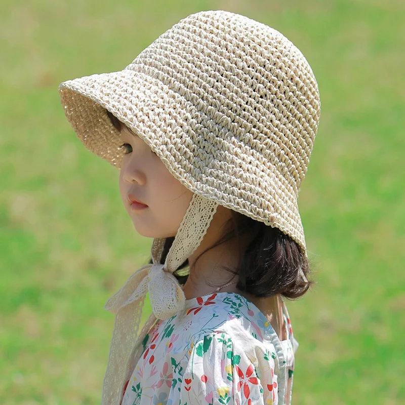 Sombrero de paja para bebé, sombreros para niñas y niños, sombreros de verano para viajes en la playa con encaje ajustable, cuerda a prueba de viento, accesorios de moda de 2 a 6 años
