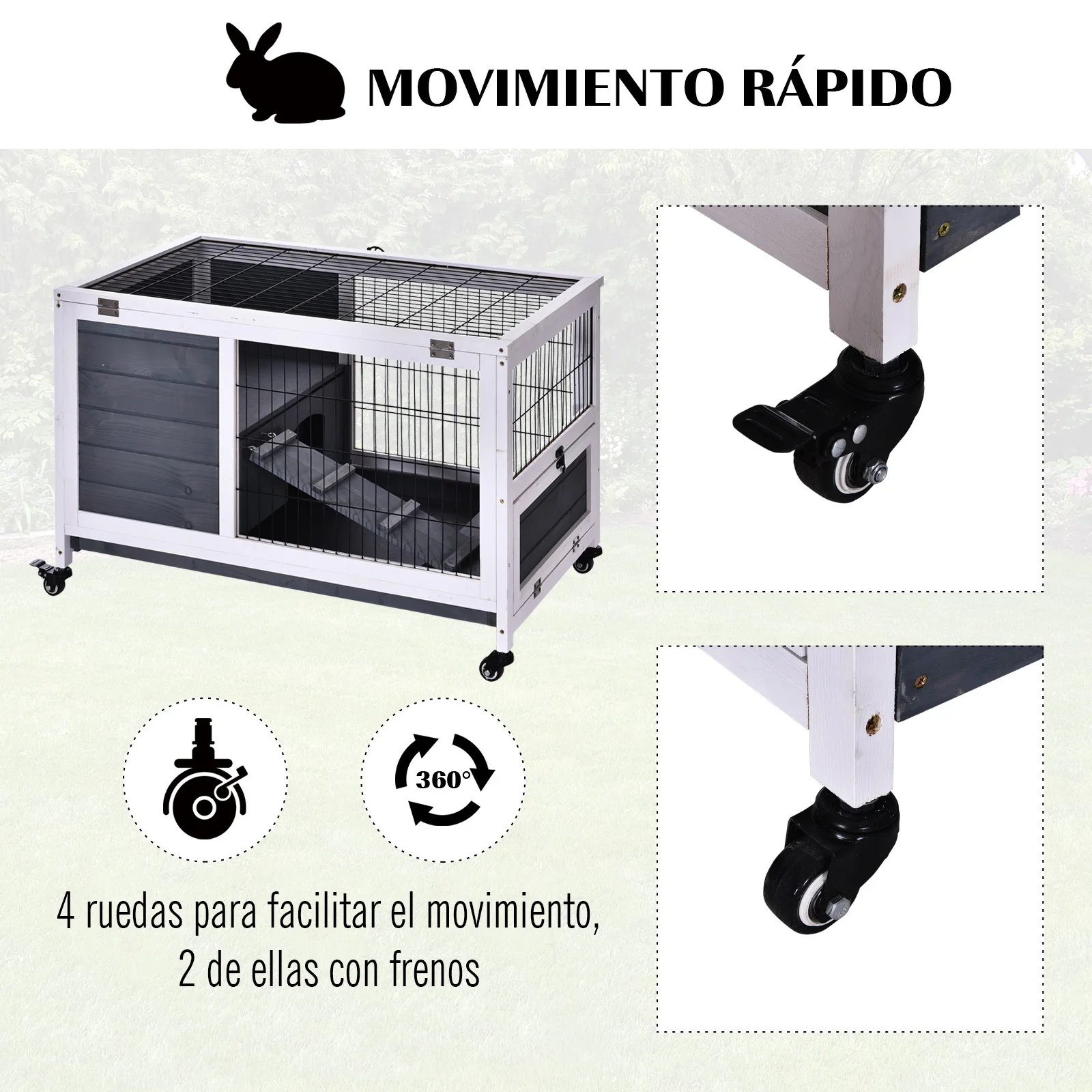 PawHut Conejera de Madera con Techo Abrible Rampa Bandeja Extraíble para Conejillos de Indias 90x53x59 cm Gris y Blanco - imagen 5