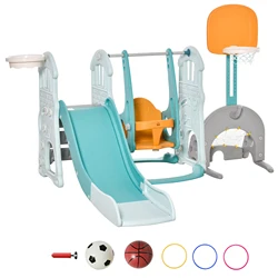 HOMCOM 5 en 1 Tobogán y Columpio para Niños +18 Meses 2 Canastas de Baloncesto Portería Fútbol Asiento Ajustable 210x186x133 cm