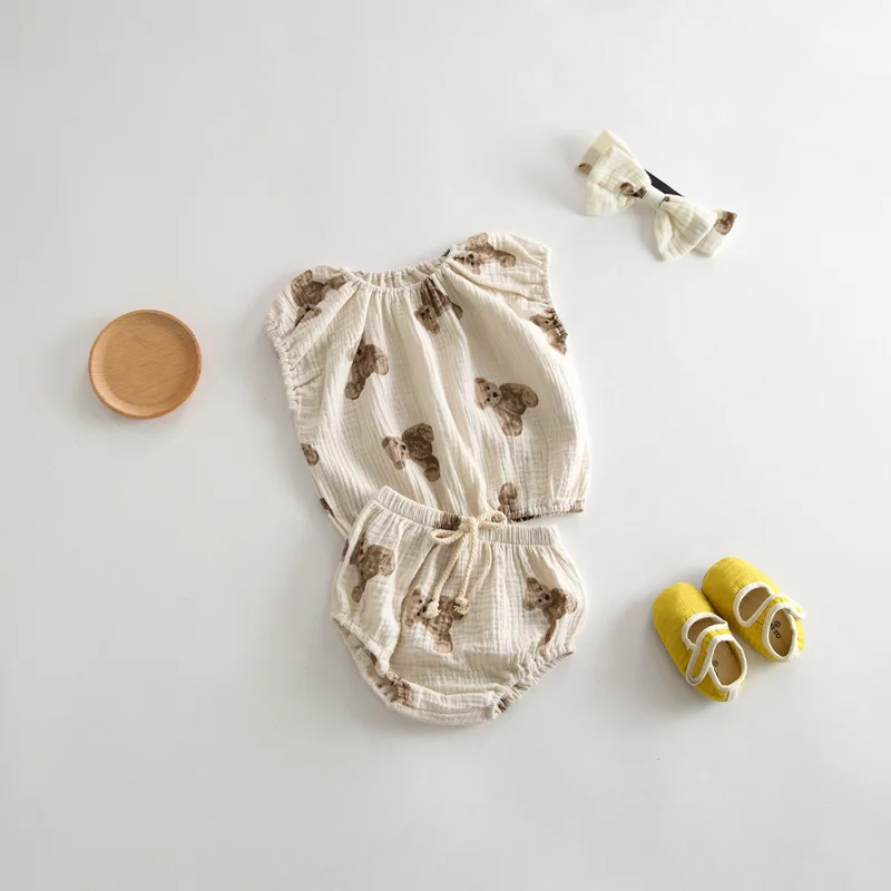 MILANCE-Conjunto de ropa con estampado de oso para bebé, camiseta sin mangas con diadema y bombachos, trajes de 3 piezas, Verano - imagen 2