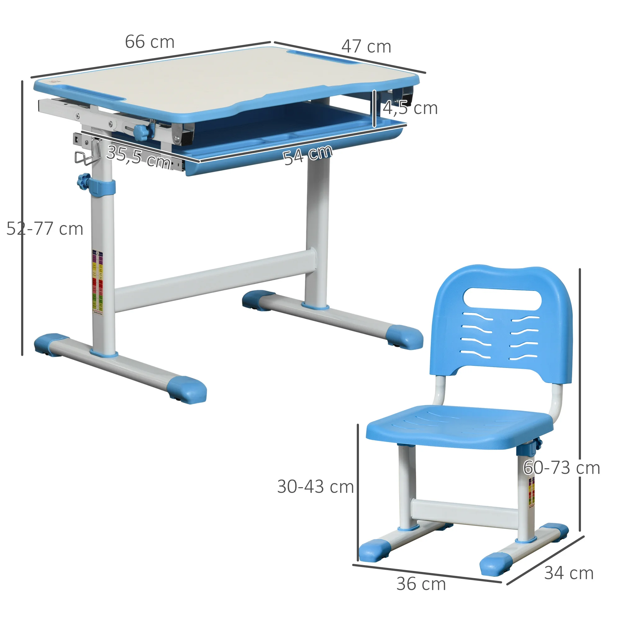 HOMCOM Pupitre Infantil 2 en 1 Juego de Escritorio y Silla para +6 Años Altura Ajustable Mesa Regulable en Ángulo 66x47x77 cm - imagen 3