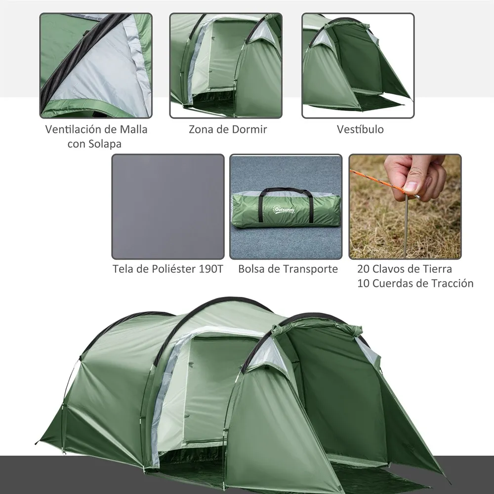 Outsunny Tienda de Campaña 3-4 Personas Plegable Impermeable a Prueba de UV 20+ con Vestíbulo para Camping 426x206x154 cm - imagen 3